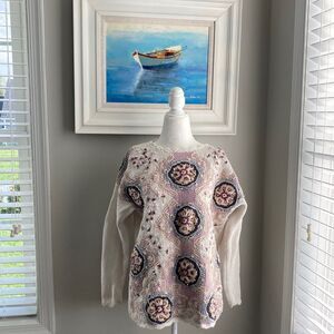 Vintage Jennifer Reed Hand Knit Embroidered Floral Winter Sweater Medium
